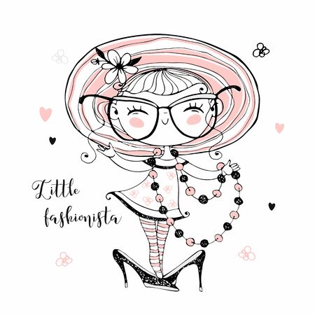 Cute little girl fashionista in a hat and mother's beads. Vectorのイラスト素材