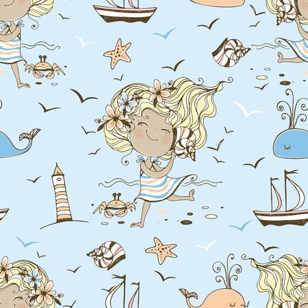 Seamless pattern on the theme of summer and the sea with cute girls on the beach. Vector.のイラスト素材
