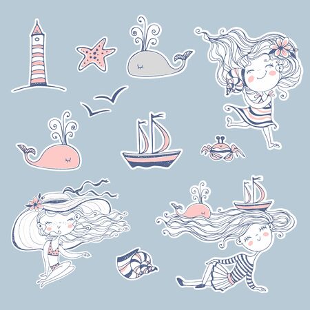 Stickers on the theme of summer and the sea. Vector.のイラスト素材