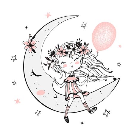 Cute girl with a balloon sitting on the moon. Vector.のイラスト素材