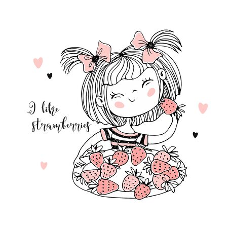 Cute little girl eating strawberries. Vector.のイラスト素材
