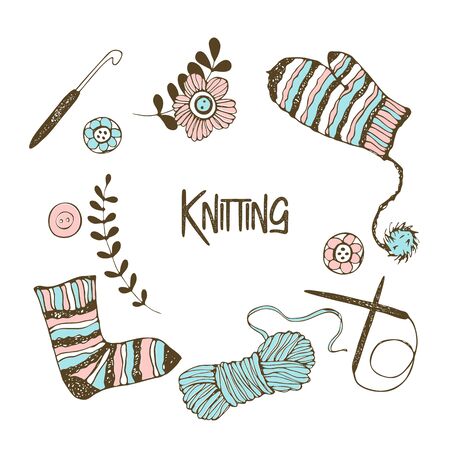 A set of elements on the theme of knitting. Yarn, knitting needles, mittens, socks. Vector.のイラスト素材