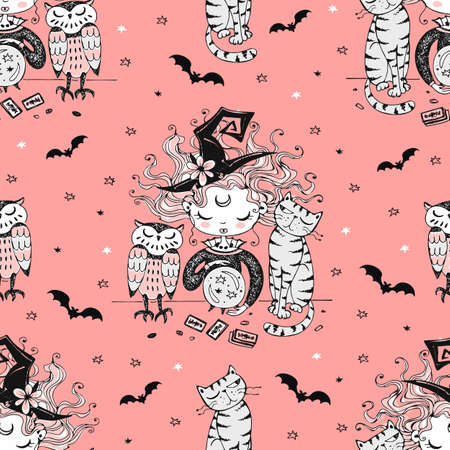Seamless pattern with a Halloween theme with a little witch and her Pets.のイラスト素材