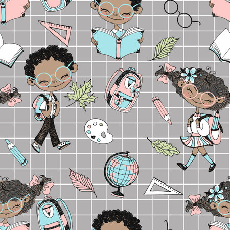 Seamless pattern on the school theme with black children school children and school accessories. back to school. Checkered background. Vector.のイラスト素材