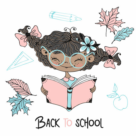 Cute dark-skinned girl with pigtails reading a book. back to school. Vector.のイラスト素材