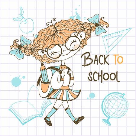 Cute girl with pigtails with a school backpack goes to school. back to school. Vector.のイラスト素材