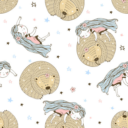 Seamless pattern with cute characters in Doodle style. The girl and the bear are asleep. Vector.のイラスト素材