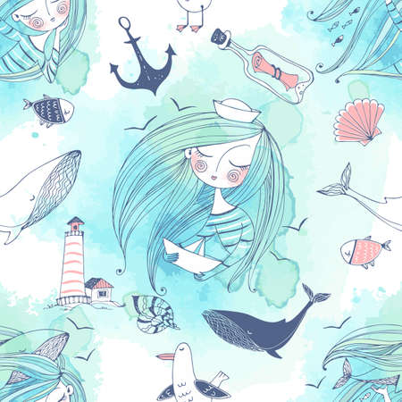 Seamless pattern on the sea theme with cute girls, whales and seagulls in a cute Doodle style with watercolors. Vectorのイラスト素材