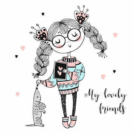 Girl in a sweater playing with a dog the Dachshund. Vector.のイラスト素材