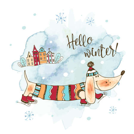 Happy dog Dachshund skates in winter in a knitted sweater and hat.Winter greeting card. Watercolors and graphics. Vectorの写真素材