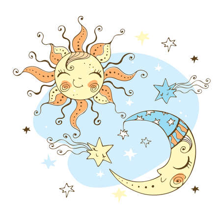 Sun and moon in a cute Doodle style for childrens theme. Vectorのイラスト素材