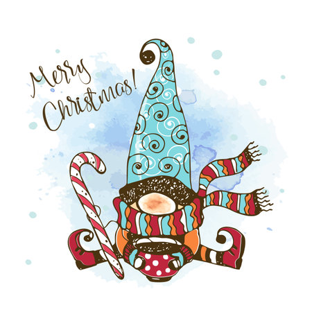 Christmas card with a cute Nordic gnome with a large Lollipop and a large mug of hot drink. Watercolors and graphics. Doodle styleのイラスト素材