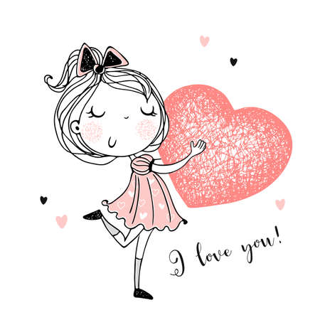 A sweet girl with a big heart in her hands. Youre my Valentine. Vector.のイラスト素材