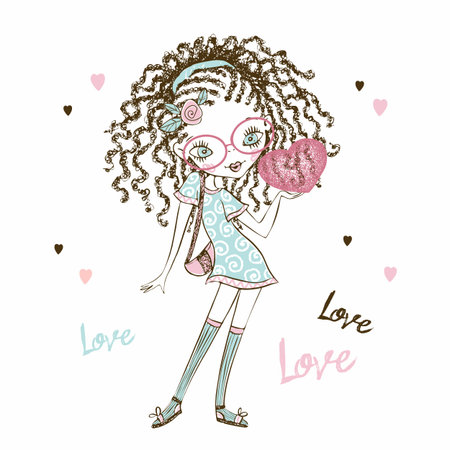 Cute fashionista teen girl with pigtails with a heart in her hands. Valentine card. Vectorのイラスト素材