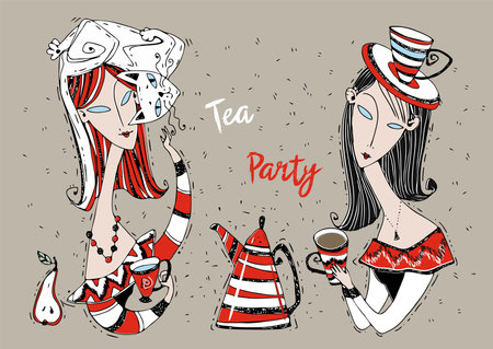 Tea party. Girls friends drink tea. Art Nouveau style. Modigliani art. Vectorのイラスト素材
