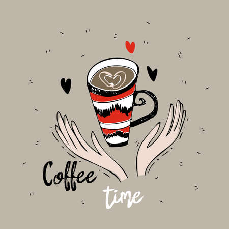 Coffee time. A mug of hot coffee and a womans hands. Vector.のイラスト素材
