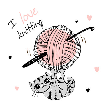 Cute kitten playing with a ball of yarn. I love knitting. Vectorのイラスト素材