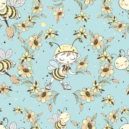 Seamless pattern with cute honeybees. Vector.のイラスト素材