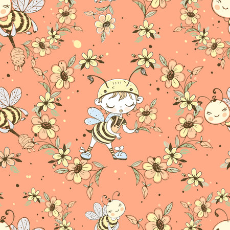 Seamless pattern with cute honeybees. Vector.のイラスト素材