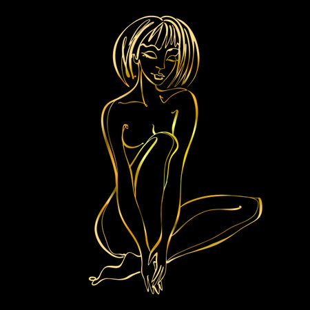 Line art. A beautiful girl is drawn with one line. Gold on black. Fitness. Vectorのイラスト素材