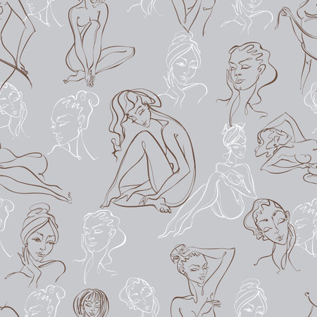 line art. beauty body. Seamless pattern with beautiful girls on a gray background. vectorのイラスト素材