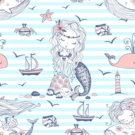 Seamless pattern with cute mermaids on a striped background. Vector.のイラスト素材