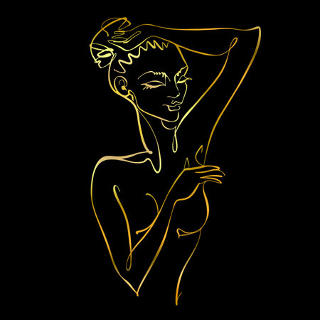 line art. A beautiful girl is drawn with one line. Gold on black. fitness. Vector.のイラスト素材