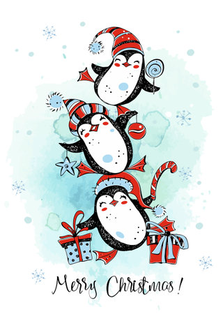 Merry Christmas penguins are dancing. New Year's card. watercolor graphics. Vectorのイラスト素材