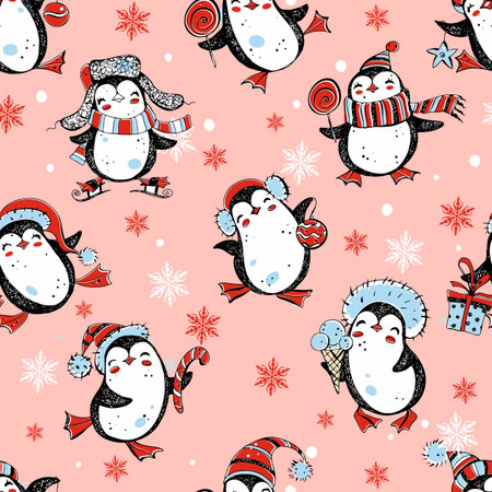 Seamless New Year and Christmas pattern with cute penguins and snowflakes. Vector.のイラスト素材