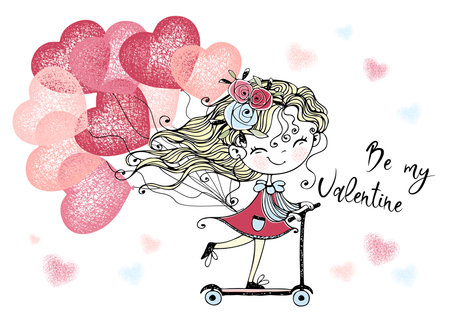 A Valentine's day card. A cute girl with balloons rides a scooter. Be my Valentine. Vector.のイラスト素材