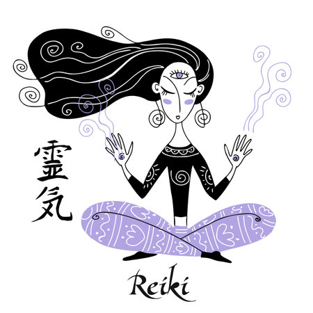 Reiki healing. A girl in the lotus position conducts a Reiki session. Vector.のイラスト素材
