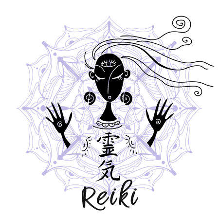 Reiki healing. A girl in the lotus position conducts a Reiki session. Vectorのイラスト素材