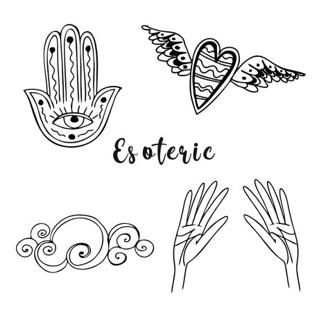 Esoteric symbols. Hands with an all-seeing eye. A heart with wings. Clipart Vector.のイラスト素材