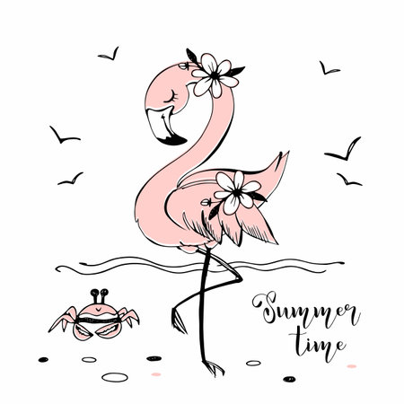Cute little girl on the beach listening to a seashell. Vector.のイラスト素材