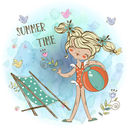 Cute girl in a swimsuit with a beach ball and a beach chaise longue .Vectorのイラスト素材