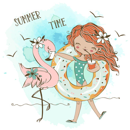 Cute girl in a swimsuit with a flamingo on the sea beach. Vector.のイラスト素材