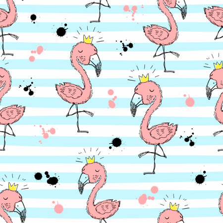 Seamless pattern with cute flamingo princesses on striped background. Summer motifs. Vector.のイラスト素材