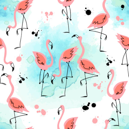 Seamless pattern with flamingos on a watercolor background. Summer motifs. Vector.のイラスト素材