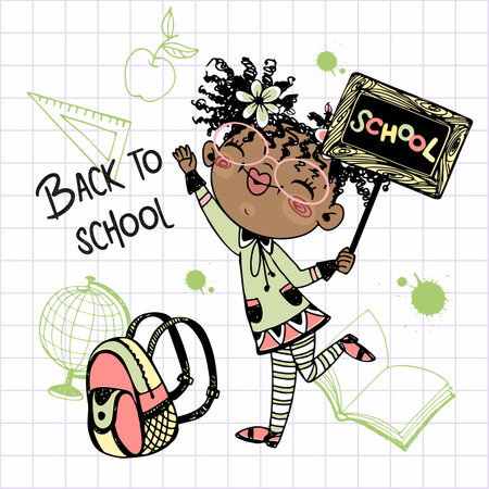 Cute dark-skinned girl with pigtails with a school backpack goes to school. back to school. vectorのイラスト素材