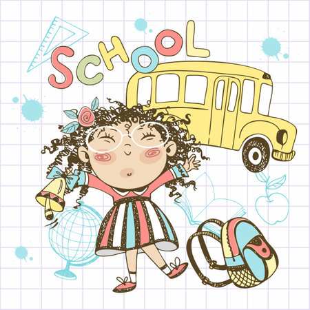 A cute girl with a bell and a briefcase goes to school. back to school. The school bus. vectorのイラスト素材