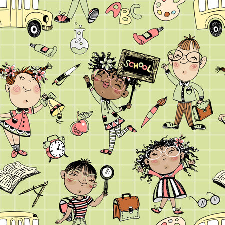 Seamless pattern on a school theme with schoolchildren and school accessories. back to school. The school bus. vectorのイラスト素材