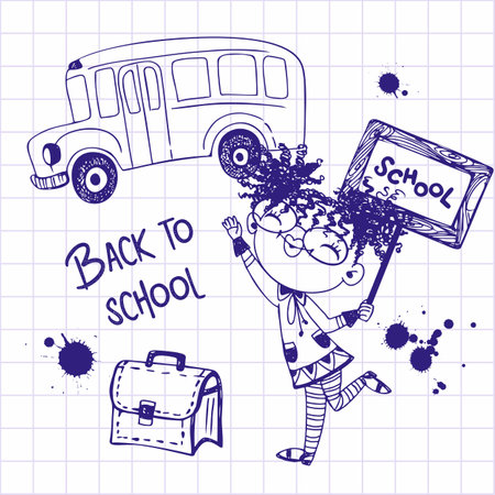 A pretty girl with a briefcase goes to school. back to school. school bus. Drawing with a pen on a notebook sheet. vectorのイラスト素材