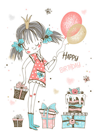 A birthday card with a cute princess girl and gifts. Vector.のイラスト素材