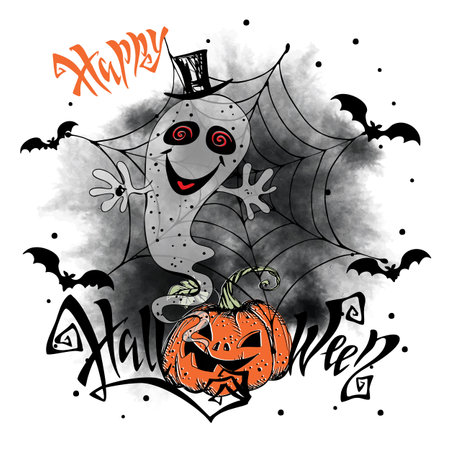 Halloween greeting card. A ghost with a pumpkin and bats. Vector.のイラスト素材
