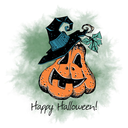 A Halloween greeting card. A pumpkin and a witch's hat. Vector.のイラスト素材