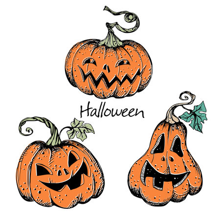Decorative elements for Halloween. Pumpkins with faces. Vector.のイラスト素材