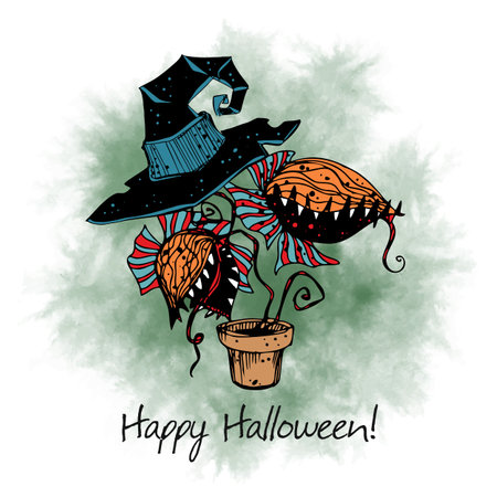A Halloween greeting card. The predator plant is a flycatcher in a witch's hat . Vector.のイラスト素材