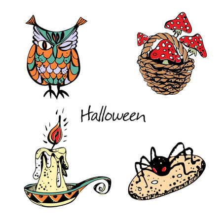 Decorative elements for Halloween. A candle and again, a basket of toadstools and cookies. Vector.のイラスト素材
