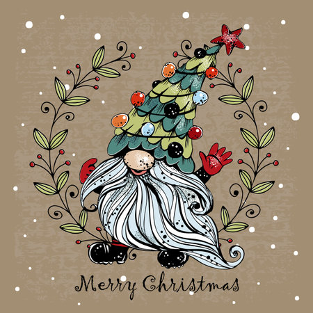 Cute Christmas gnome with gifts in Doodle style. Greeting card. Vectorのイラスト素材