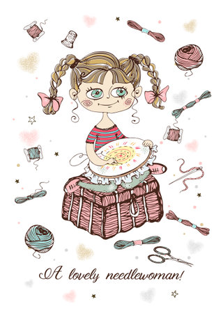 A cute girl embroiders on a hoop. Accessories for needlework. Vectorのイラスト素材